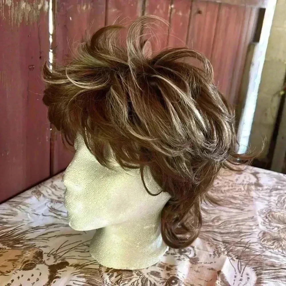 Vintage Wig Layered Mullet Shag Brown & Blonde Frosted Highlights Unisex Costume - Picture 2 of 6